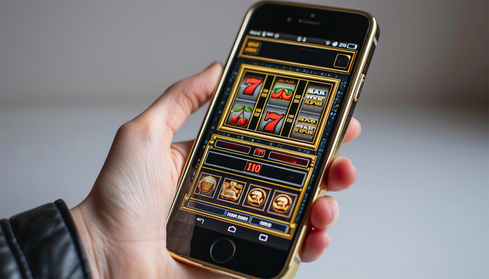 Hand holding smartphone with online casino slot machine